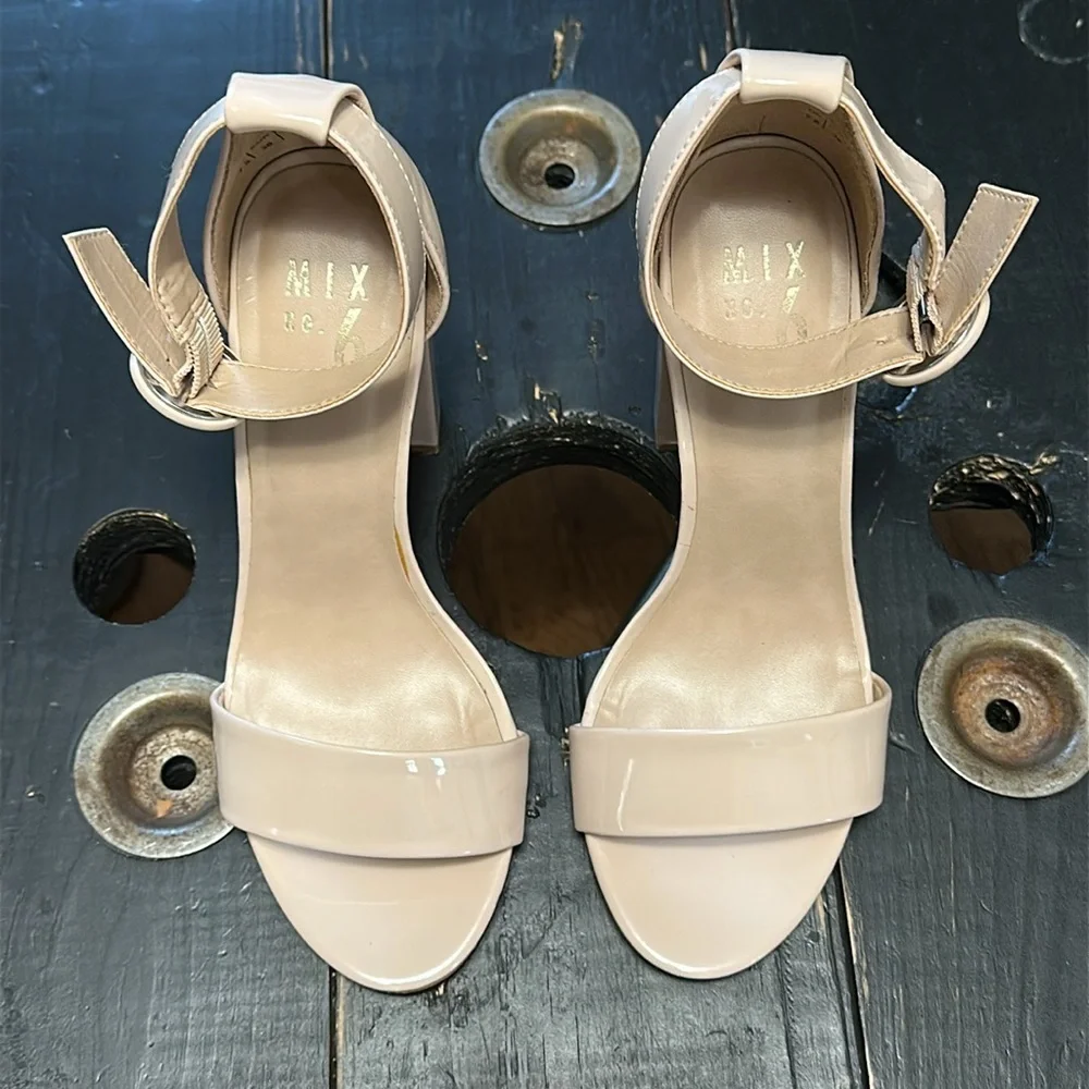 MIX No. 6 Avrey Nude Patent Leather Block Heel Sandals